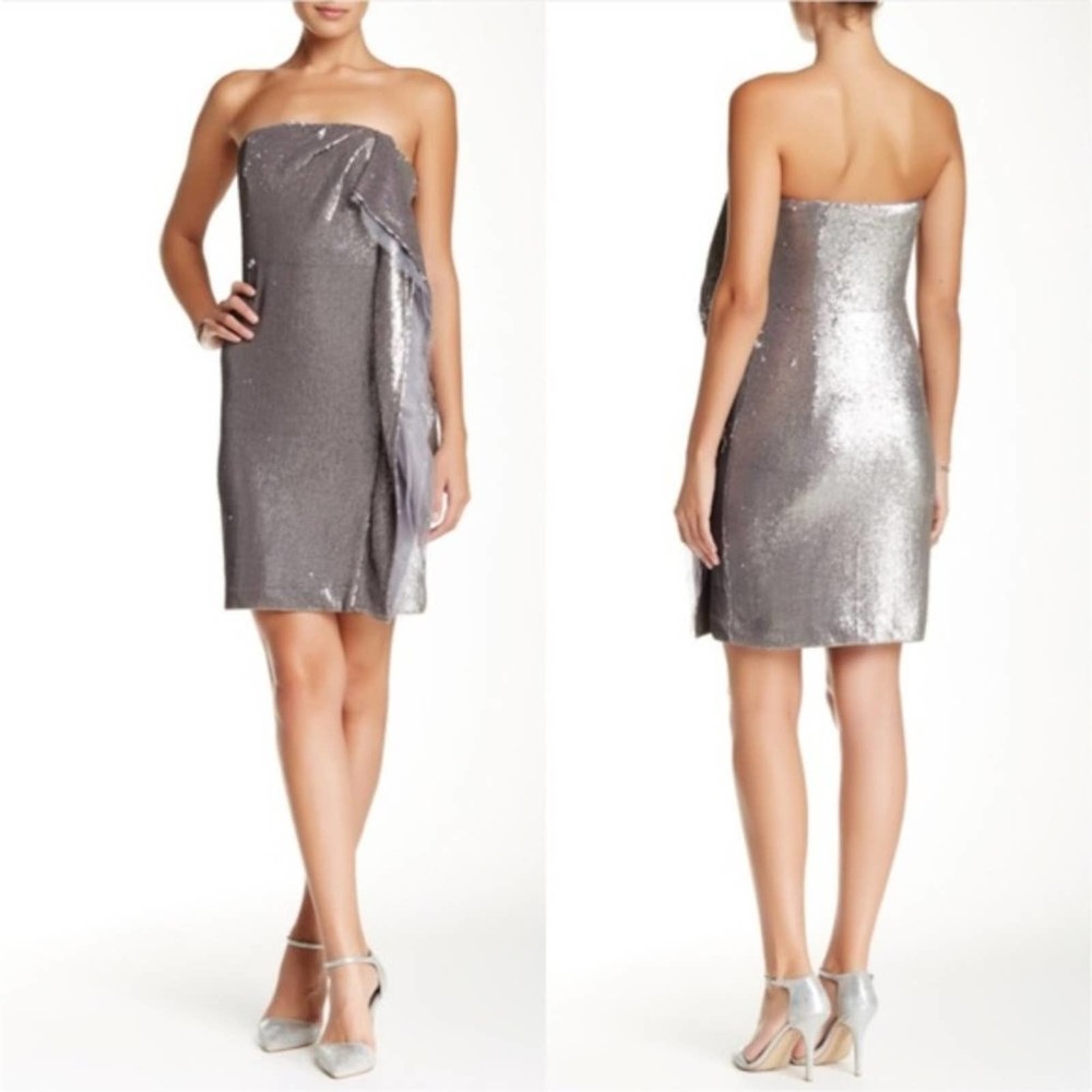 NWT Halston Heritage Strapless Gunmetal Sequin Metallic Dress 8